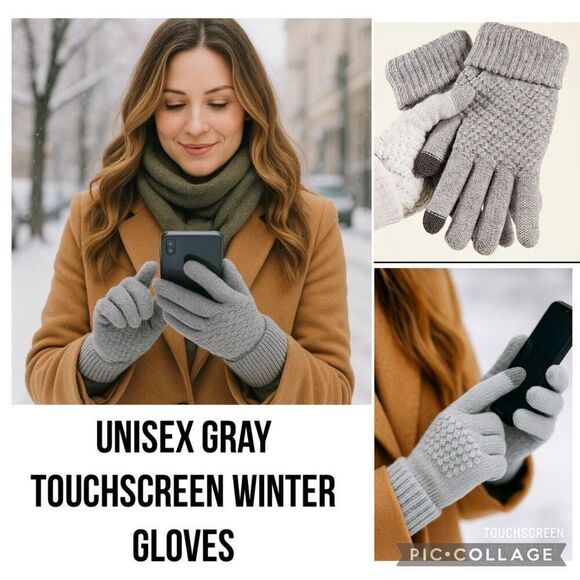 Touchscreen Gloves Unisex Gray Knit Winter Warm - Picture 2 of 3